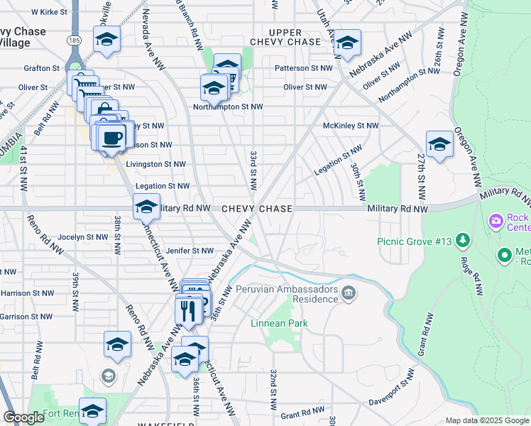 map of restaurants, bars, coffee shops, grocery stores, and more near 3232 Military Road Northwest in Washington