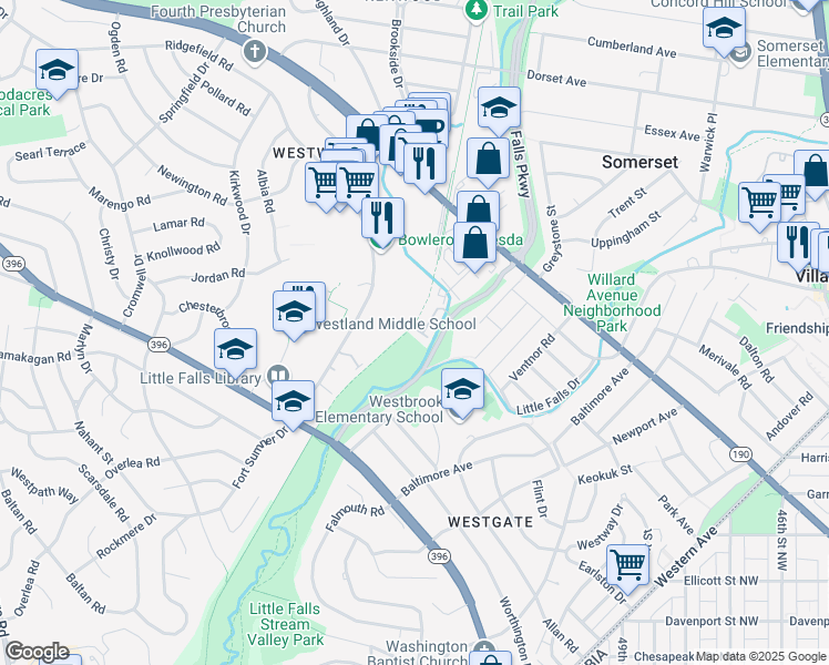 map of restaurants, bars, coffee shops, grocery stores, and more near 5214 Willet Bridge Court in Bethesda