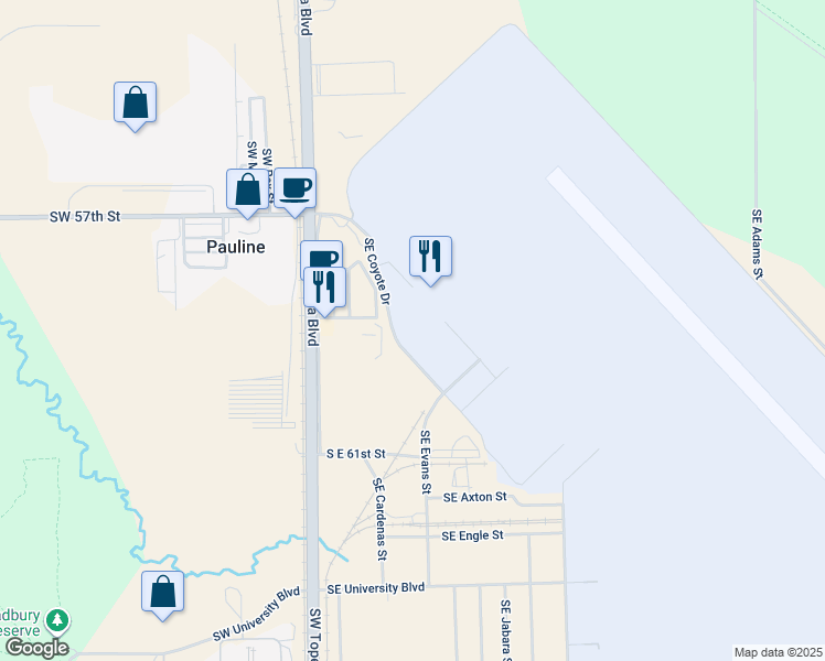 map of restaurants, bars, coffee shops, grocery stores, and more near 5920 Southeast Coyote Drive in Topeka