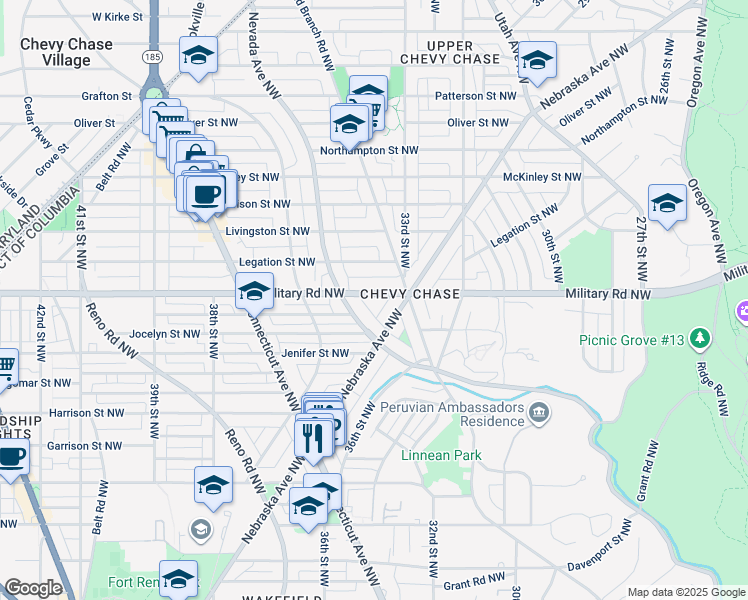 map of restaurants, bars, coffee shops, grocery stores, and more near 3328 Military Road Northwest in Washington