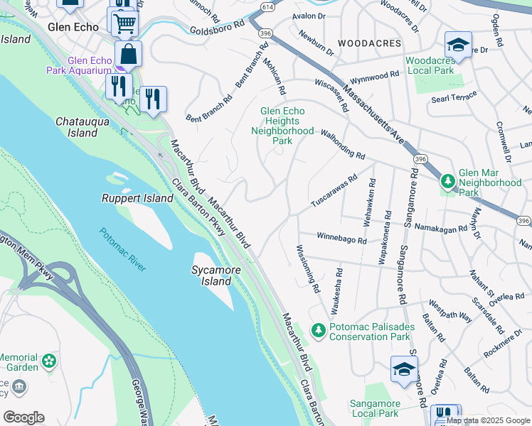 map of restaurants, bars, coffee shops, grocery stores, and more near 6351 Walhonding Road in Bethesda