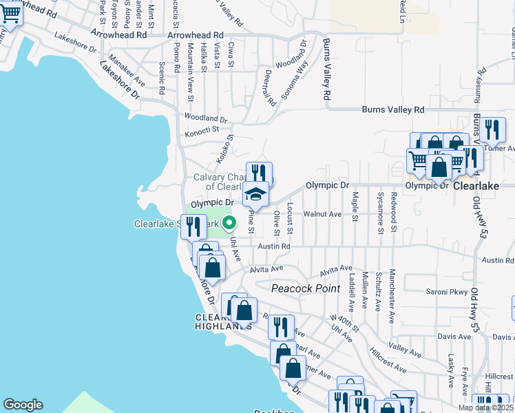 map of restaurants, bars, coffee shops, grocery stores, and more near 14295 Olympic Drive in Clearlake