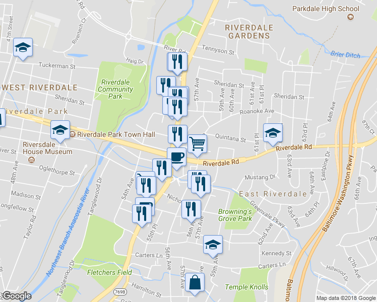 map of restaurants, bars, coffee shops, grocery stores, and more near 5611 Patterson Street in East Riverdale