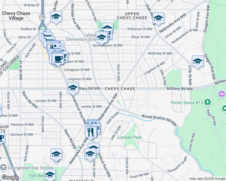 map of restaurants, bars, coffee shops, grocery stores, and more near 3314 Military Road Northwest in Washington
