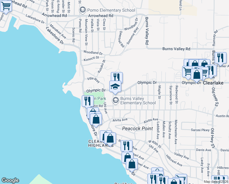 map of restaurants, bars, coffee shops, grocery stores, and more near 14285 Olympic Drive in Clearlake