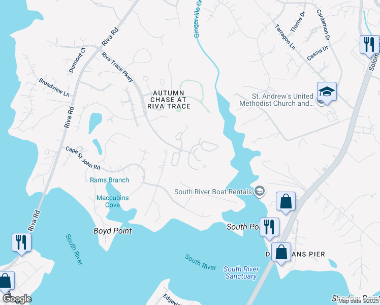map of restaurants, bars, coffee shops, grocery stores, and more near 1001 River Crescent Drive in Annapolis