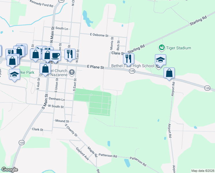 map of restaurants, bars, coffee shops, grocery stores, and more near 2662 Spring Street in Bethel