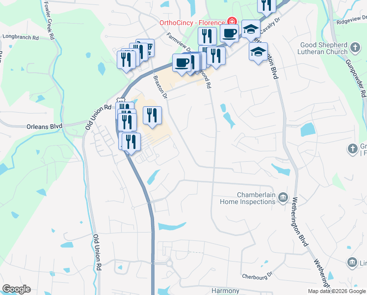 map of restaurants, bars, coffee shops, grocery stores, and more near 9085 Braxton Drive in Union