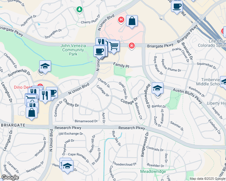 map of restaurants, bars, coffee shops, grocery stores, and more near 3825 Orchard Drive in Colorado Springs
