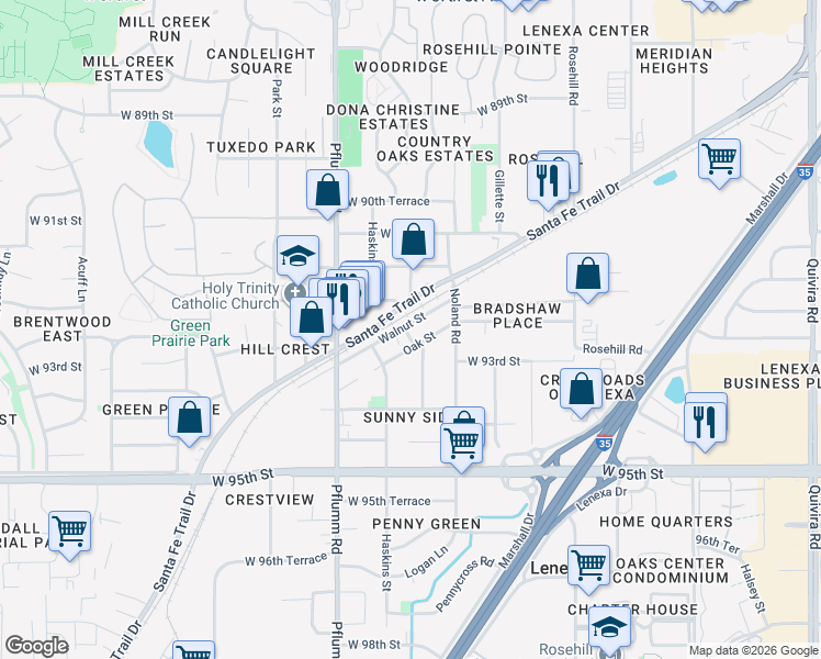 map of restaurants, bars, coffee shops, grocery stores, and more near 13301 Santa Fe Trail Drive in Lenexa