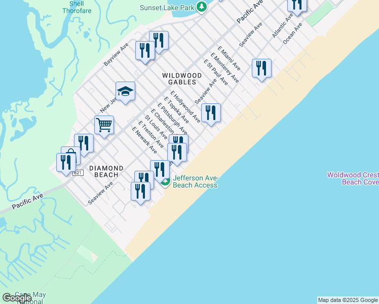 map of restaurants, bars, coffee shops, grocery stores, and more near 402B East Charleston Avenue in Wildwood Crest