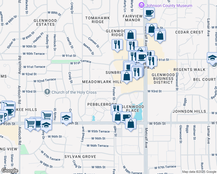 map of restaurants, bars, coffee shops, grocery stores, and more near 9240 Foster Street in Overland Park