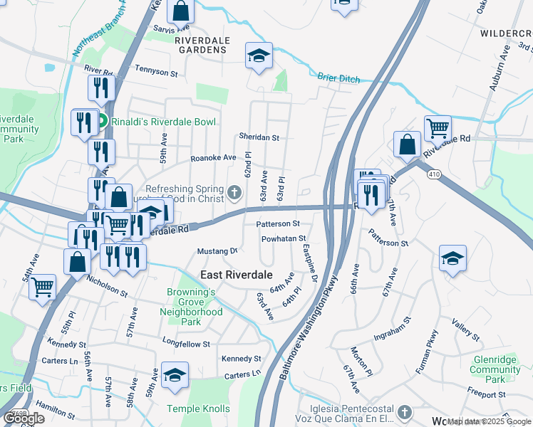 map of restaurants, bars, coffee shops, grocery stores, and more near 6301 Riverdale Road in East Riverdale