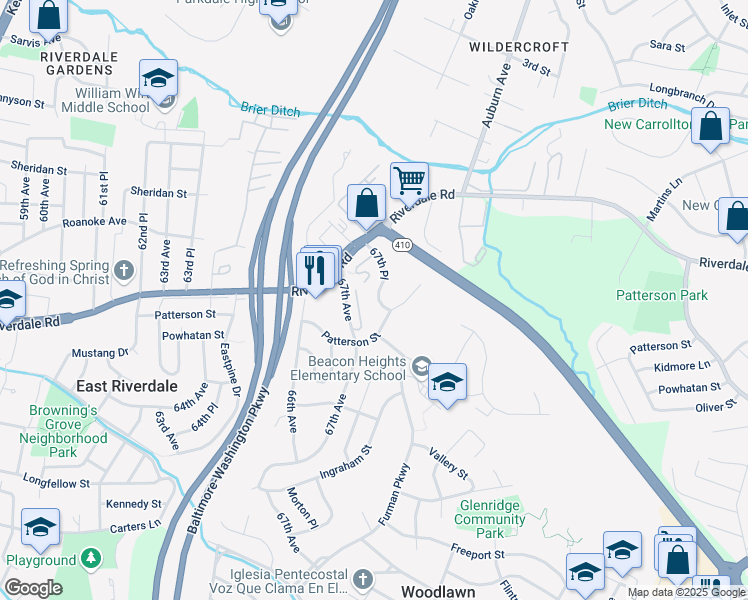 map of restaurants, bars, coffee shops, grocery stores, and more near 6016 67th Place in East Riverdale