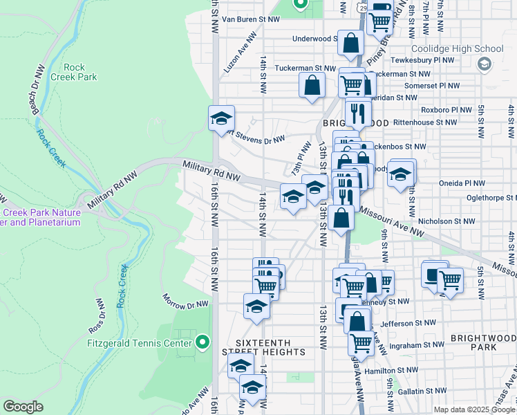 map of restaurants, bars, coffee shops, grocery stores, and more near 1400 Oglethorpe Street Northwest in Washington