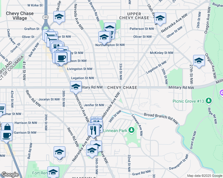 map of restaurants, bars, coffee shops, grocery stores, and more near 3328 Military Road Northwest in Washington