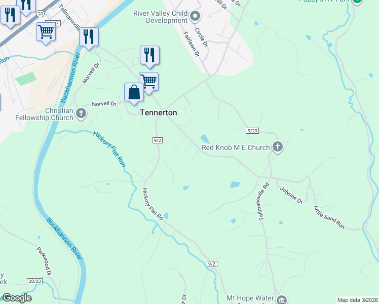 map of restaurants, bars, coffee shops, grocery stores, and more near 47 McKnight Drive in Buckhannon