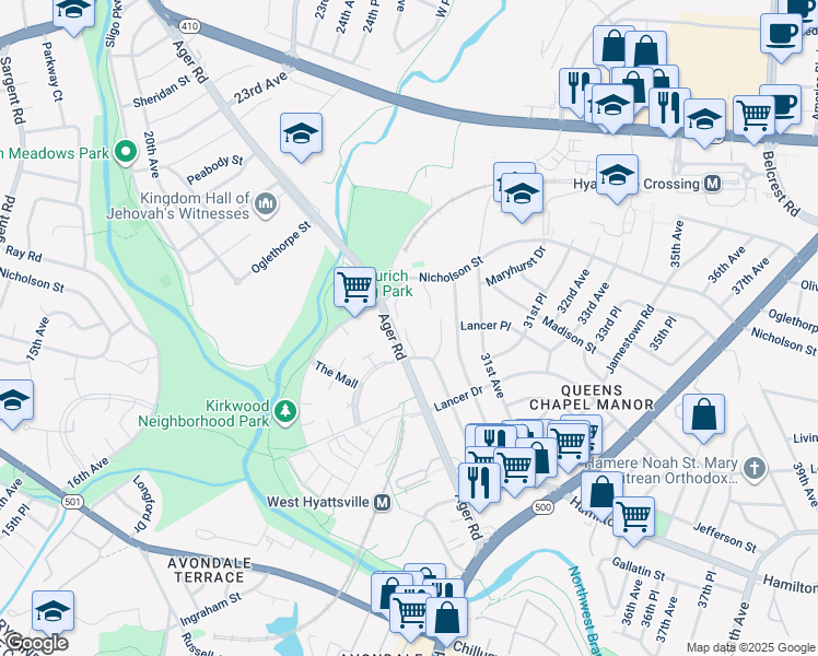 map of restaurants, bars, coffee shops, grocery stores, and more near 5735 29th Avenue in Hyattsville