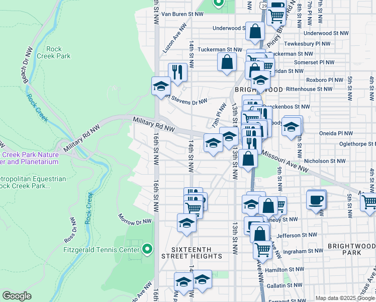 map of restaurants, bars, coffee shops, grocery stores, and more near 1400 Oglethorpe Street Northwest in Washington
