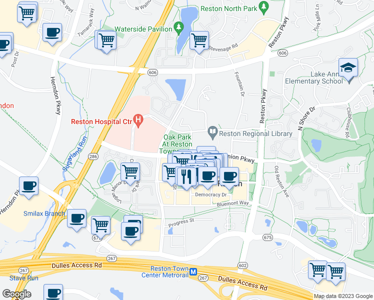 map of restaurants, bars, coffee shops, grocery stores, and more near 12001 Taliesin Place in Reston