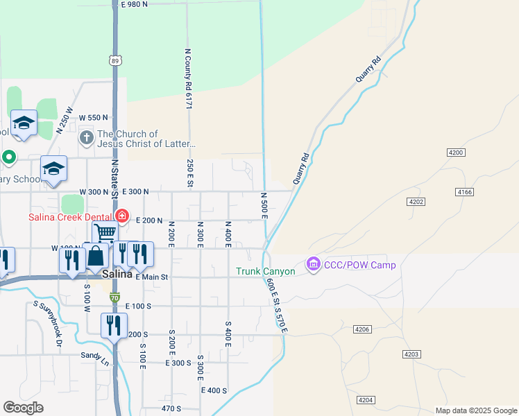 map of restaurants, bars, coffee shops, grocery stores, and more near 257 North 500 East in Salina