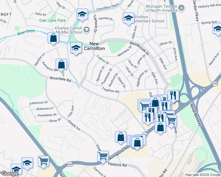 map of restaurants, bars, coffee shops, grocery stores, and more near 5801 Runford Drive in New Carrollton