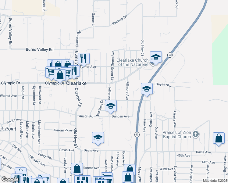 map of restaurants, bars, coffee shops, grocery stores, and more near 3542 Jefferson Avenue in Clearlake
