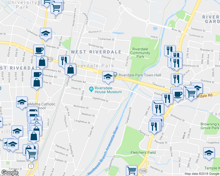 map of restaurants, bars, coffee shops, grocery stores, and more near 5003 Riverdale Road in Riverdale Park