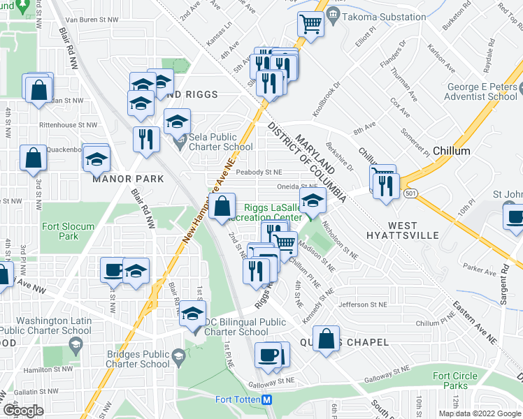 map of restaurants, bars, coffee shops, grocery stores, and more near 5813 3rd St NE in Washington