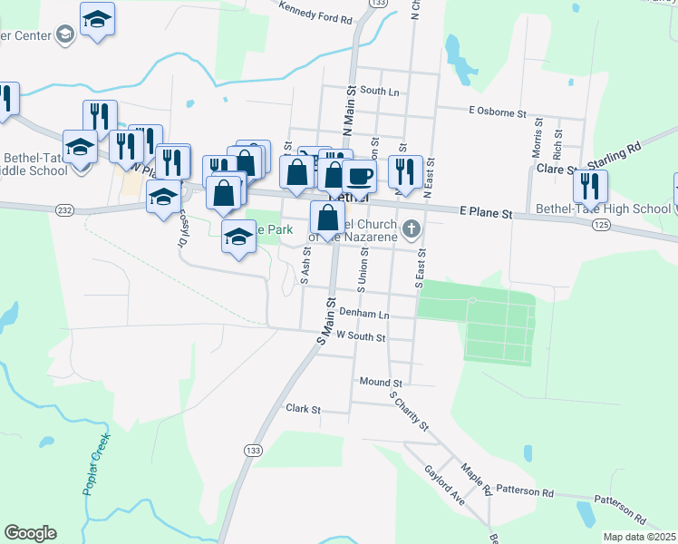 map of restaurants, bars, coffee shops, grocery stores, and more near 228 South Main Street in Bethel
