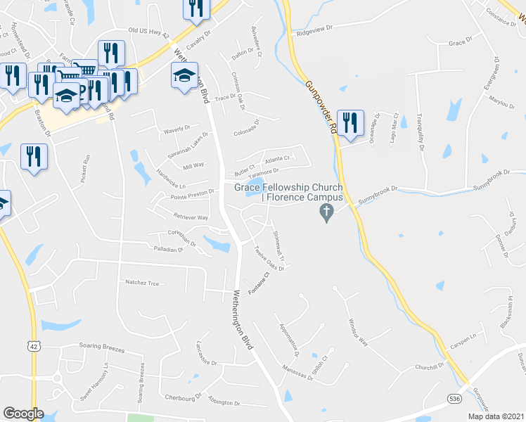 map of restaurants, bars, coffee shops, grocery stores, and more near 2250 Jackson Court in Florence
