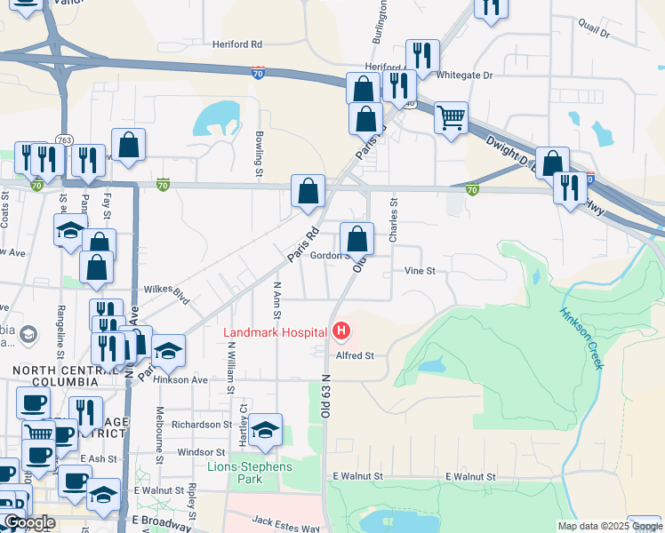 map of restaurants, bars, coffee shops, grocery stores, and more near 1804 Gordon Street in Columbia