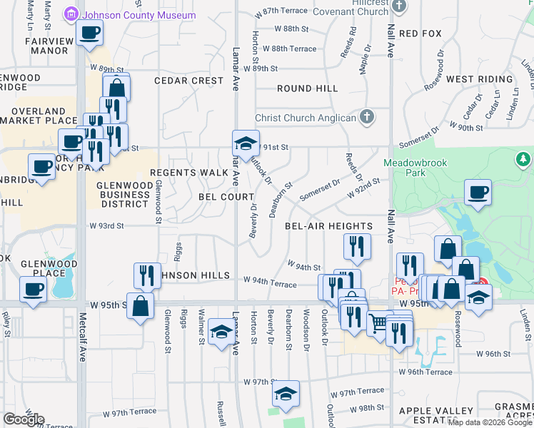 map of restaurants, bars, coffee shops, grocery stores, and more near 9219 Dearborn Street in Overland Park