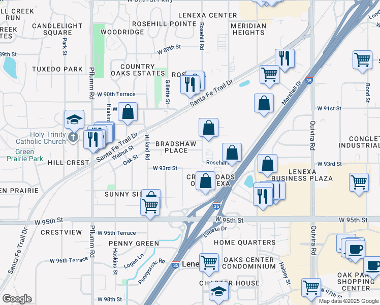 map of restaurants, bars, coffee shops, grocery stores, and more near 12801 West 92nd Place in Lenexa