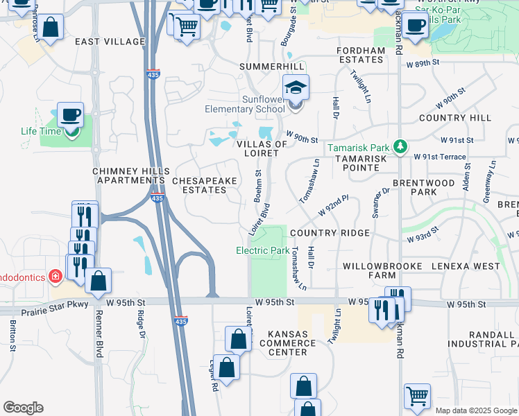 map of restaurants, bars, coffee shops, grocery stores, and more near 9224 Boehm Drive in Lenexa