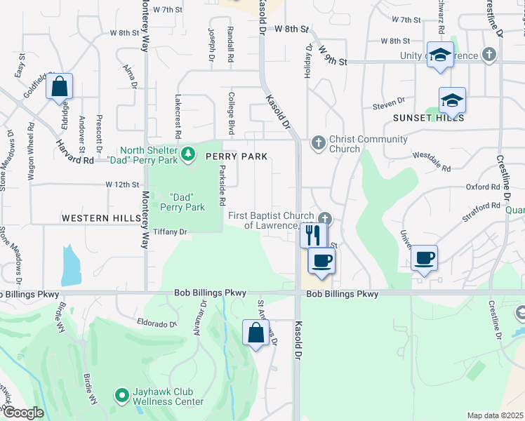 map of restaurants, bars, coffee shops, grocery stores, and more near 1300 Randall Road in Lawrence