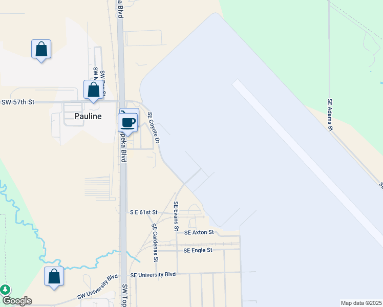 map of restaurants, bars, coffee shops, grocery stores, and more near E Street in Topeka