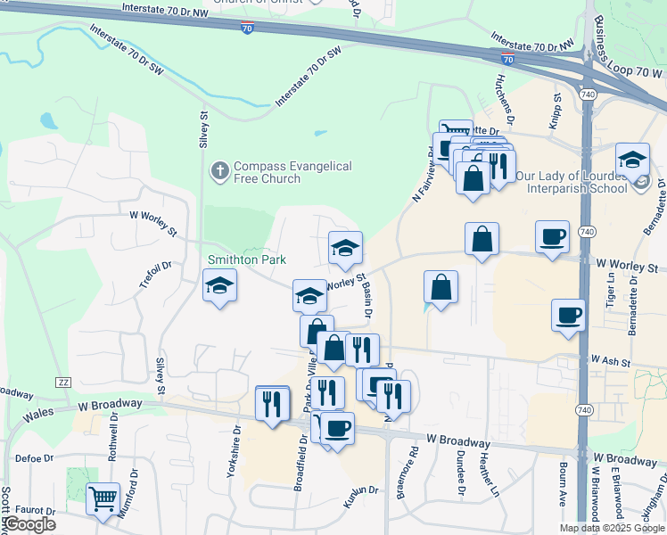 map of restaurants, bars, coffee shops, grocery stores, and more near 306 Park De Ville Place in Columbia