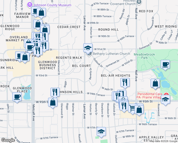 map of restaurants, bars, coffee shops, grocery stores, and more near 9220 Beverly Drive in Overland Park