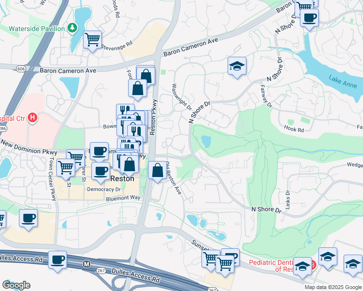 map of restaurants, bars, coffee shops, grocery stores, and more near 11704 Olde English Drive in Reston