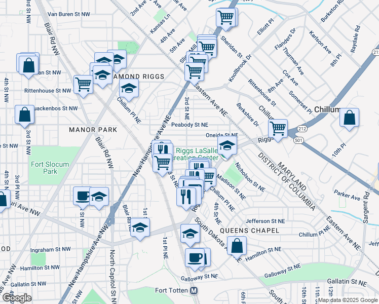 map of restaurants, bars, coffee shops, grocery stores, and more near 5813 3rd Street Northeast in Washington