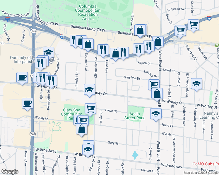 map of restaurants, bars, coffee shops, grocery stores, and more near 601 Pennant Street in Columbia