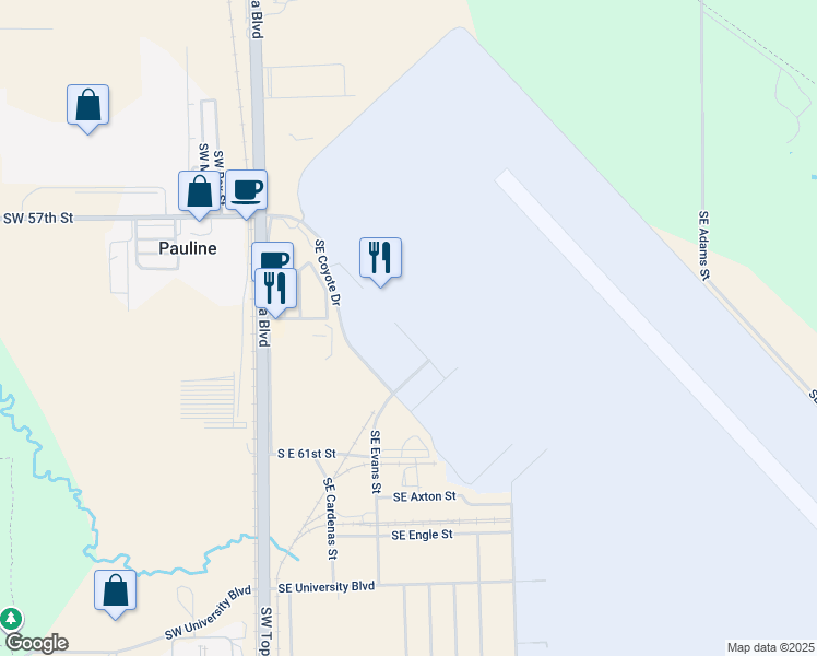 map of restaurants, bars, coffee shops, grocery stores, and more near 5920 Southeast Coyote Drive in Topeka