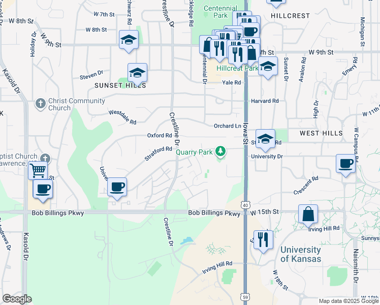 map of restaurants, bars, coffee shops, grocery stores, and more near 2510 University Drive in Lawrence