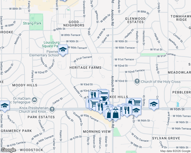 map of restaurants, bars, coffee shops, grocery stores, and more near 9229 Grandview Drive in Overland Park