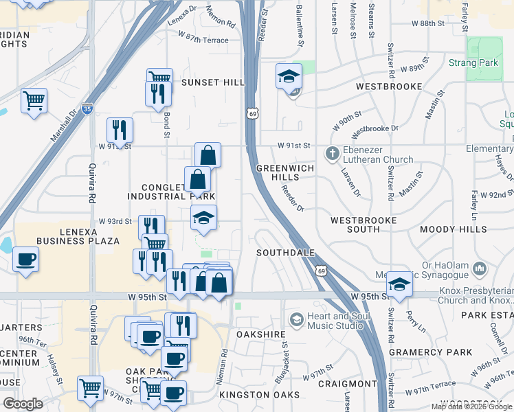 map of restaurants, bars, coffee shops, grocery stores, and more near 9251 Nieman Road in Overland Park