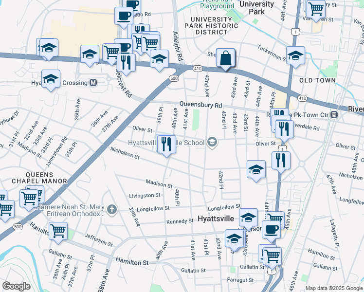map of restaurants, bars, coffee shops, grocery stores, and more near 6013 40th Avenue in Hyattsville