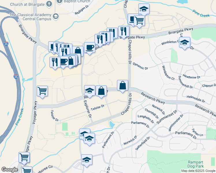 map of restaurants, bars, coffee shops, grocery stores, and more near 2368 Research Parkway in Colorado Springs