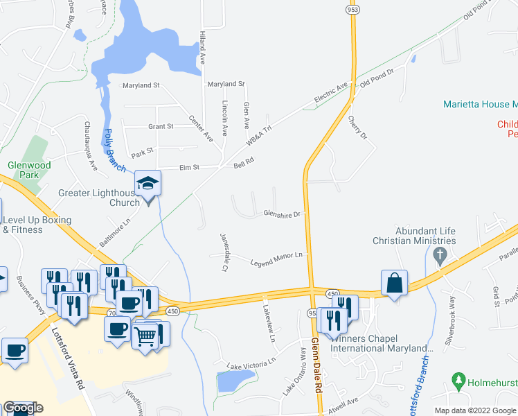 map of restaurants, bars, coffee shops, grocery stores, and more near 5201 Ashleigh Glen Court in Glenn Dale