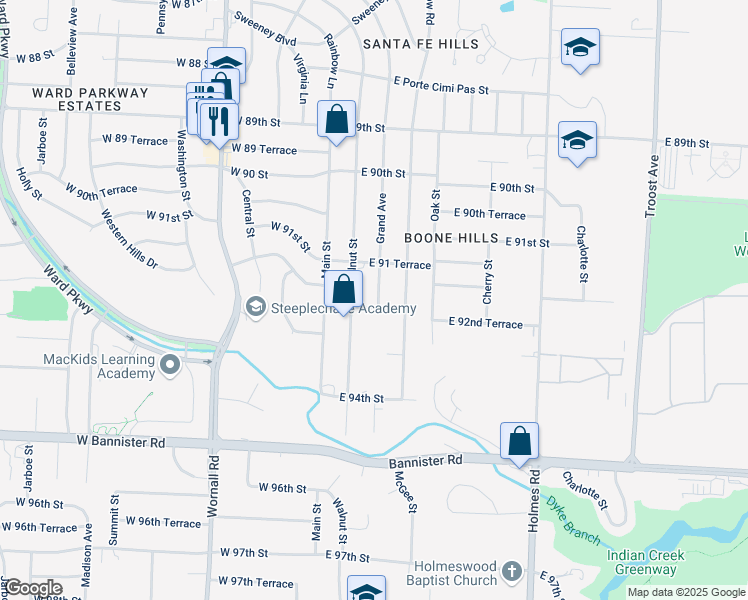 map of restaurants, bars, coffee shops, grocery stores, and more near 9218 Grand Avenue in Kansas City